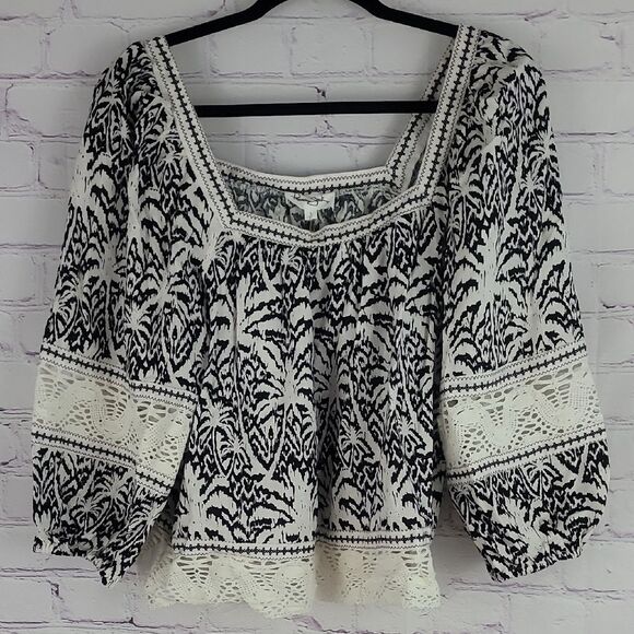 Panama Jack Linen Black & White Palm Tree Print Balloon Sleeve Top. Size Large. - Picture 1 of 6